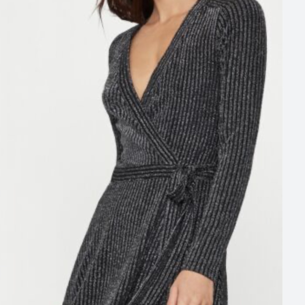 BCBG MAXAZRIA Silver on Black, Metallic lightweight knit Short Wrap Dress